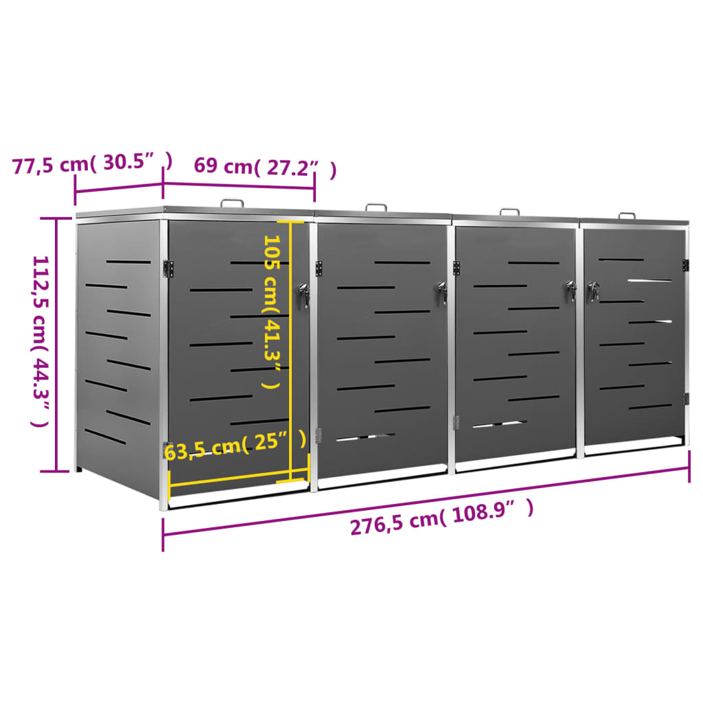 Quadruple Wheelie Bin Shed 276.5X77.5X112.5 Cm Stainless Steel