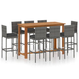 9 Piece Garden Bar Set with Cushions Grey - Front View
