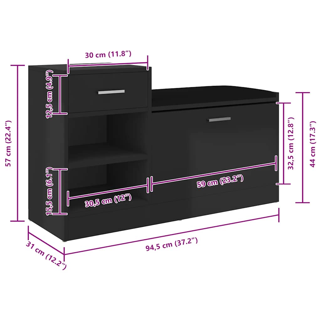 Shoe Bench High Gloss Black 94.5x31x57 cm Engineered Wood