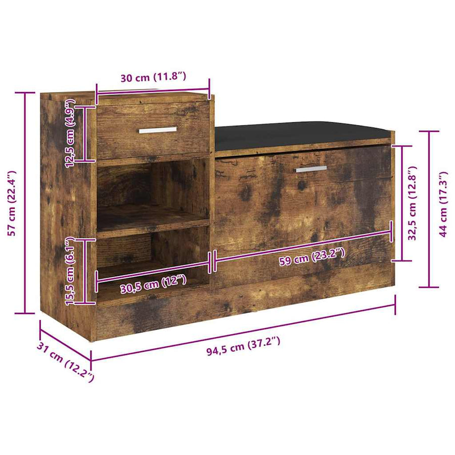 Shoe Bench Smoked Oak 94.5x31x57 cm Engineered Wood