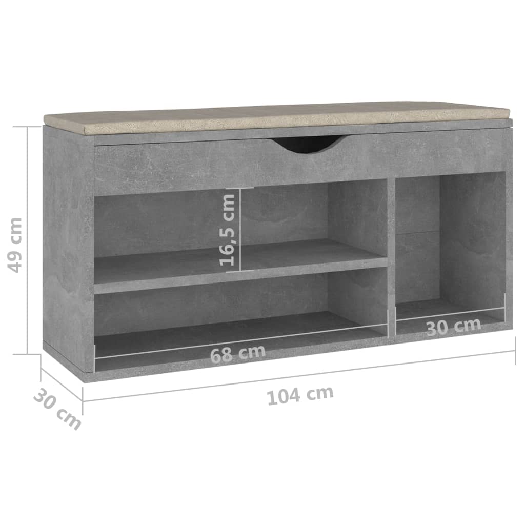 Shoe Bench with Cushion Concrete Grey 104x30x49 cm Engineered Wood