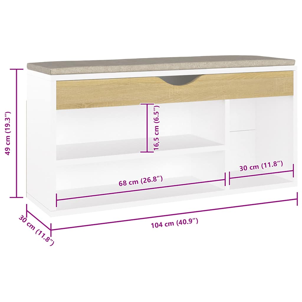 Shoe Bench with Cushion White and Sonoma Oak 104x30x49 cm Engineered Wood