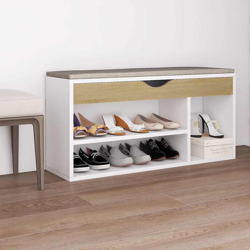 Shoe Bench with Cushion White and Sonoma Oak 104x30x49 cm Engineered Wood