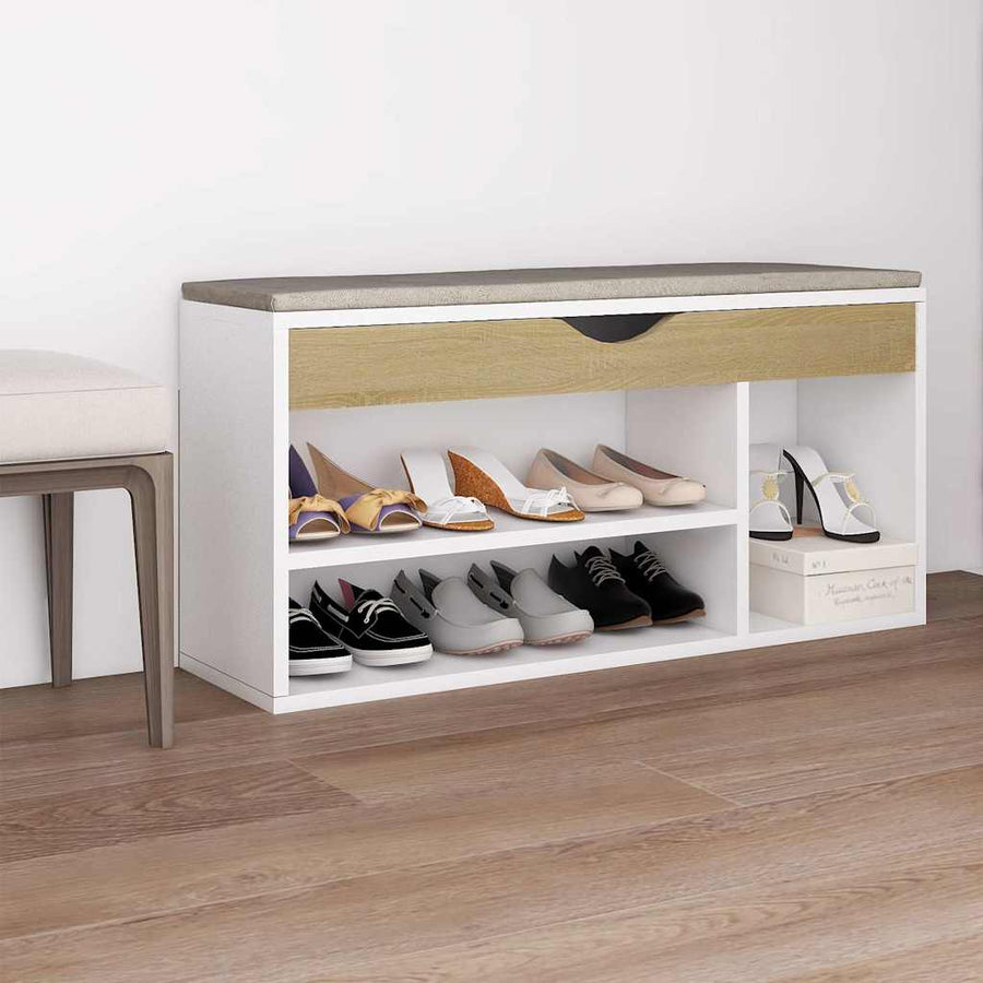 Shoe Bench with Cushion White and Sonoma Oak 104x30x49 cm Engineered Wood