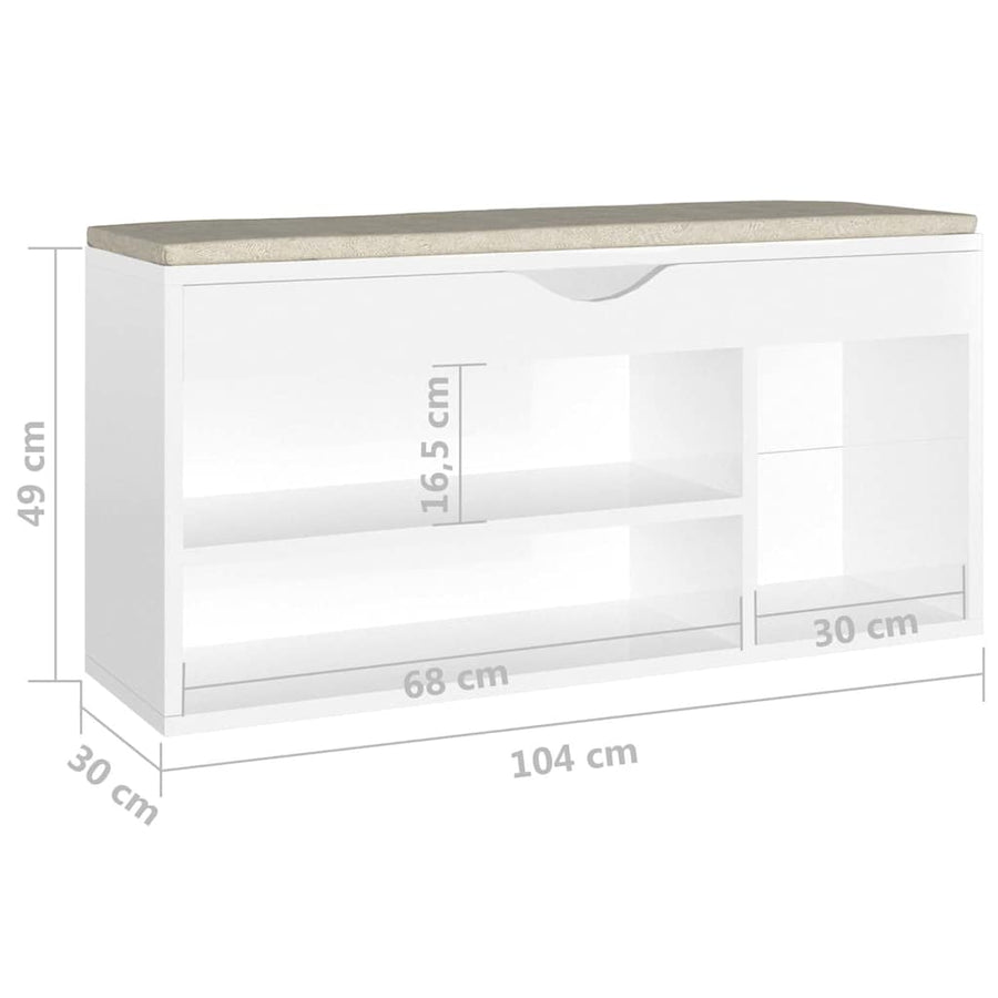Shoe Bench with Cushion High Gloss White 104x30x49 cm Engineered Wood