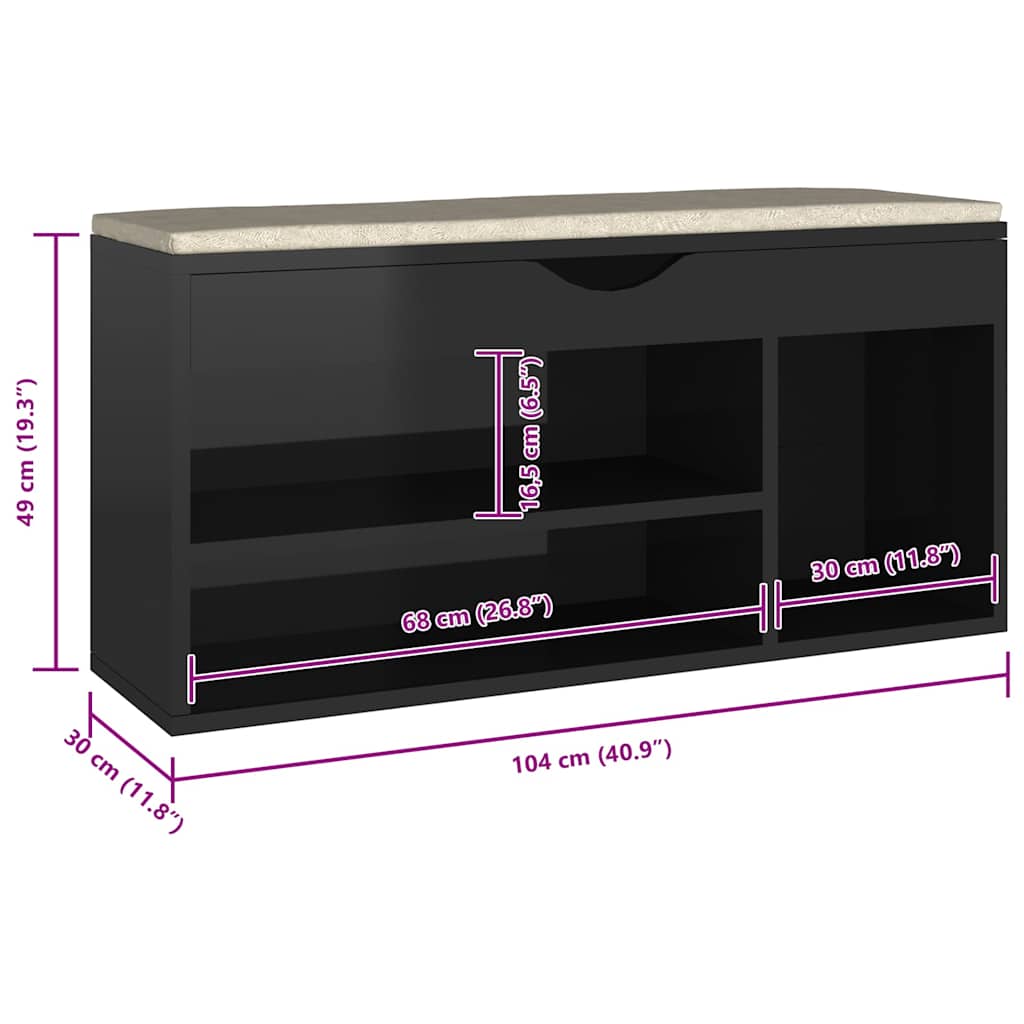 Shoe Bench with Cushion High Gloss Black 104x30x49 cm Engineered Wood