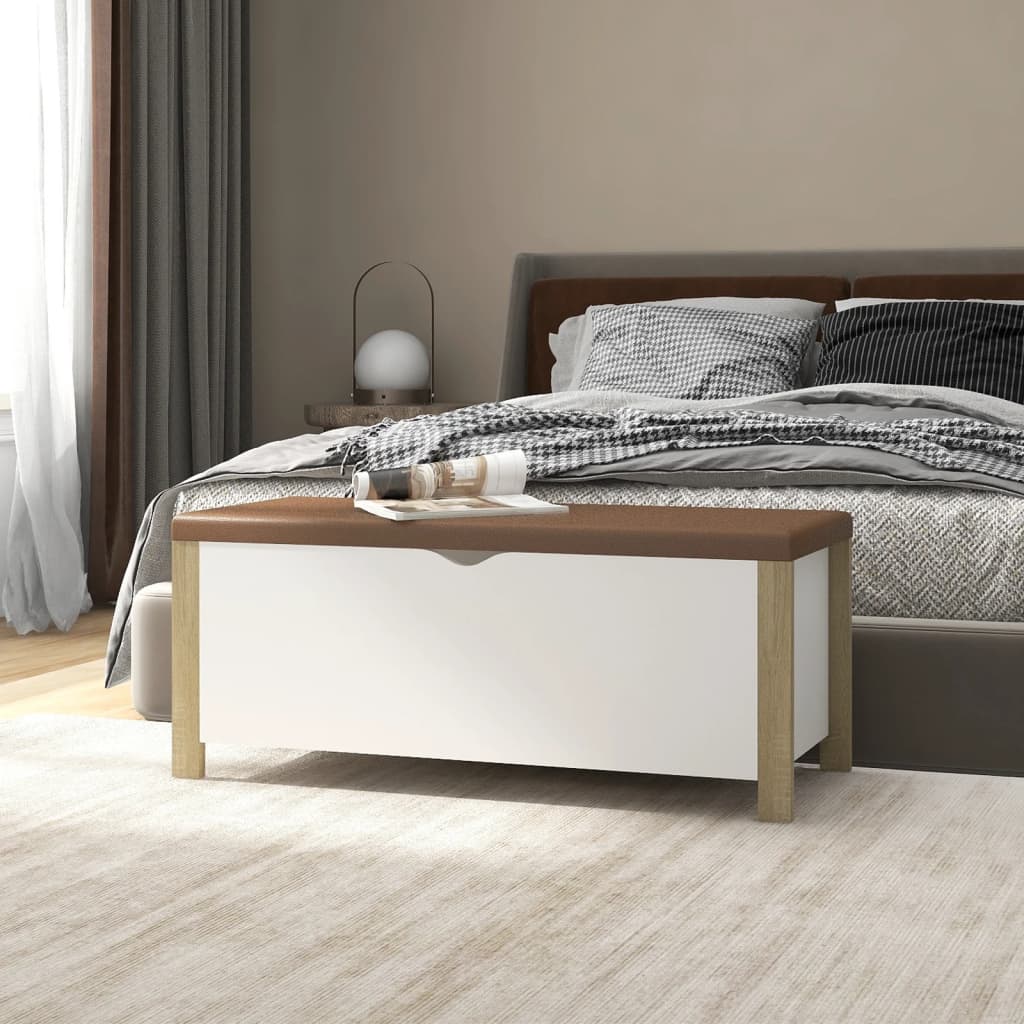 Storage Box with Cushion White and Sonoma Oak 105x40x45 cm Engineered Wood