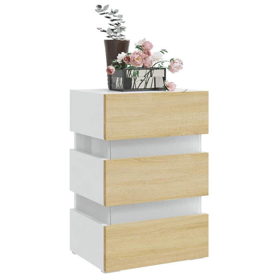 LED Bedside Cabinet White and Sonoma Oak 45x35x67 cm
