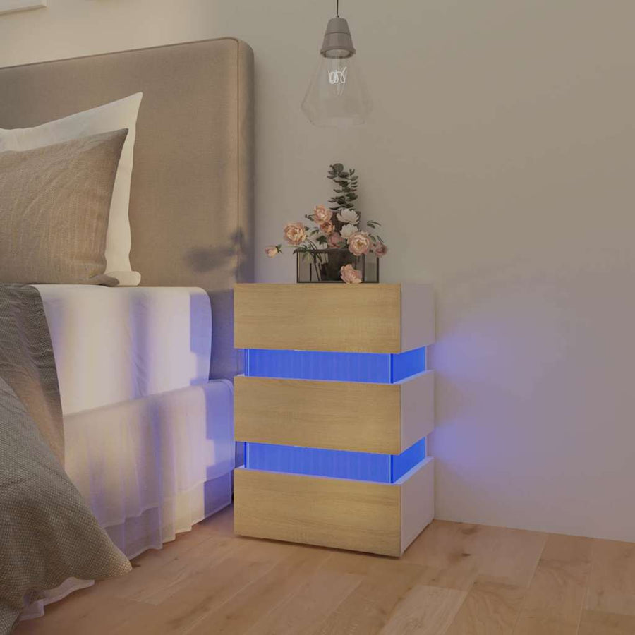 LED Bedside Cabinet White and Sonoma Oak 45x35x67 cm