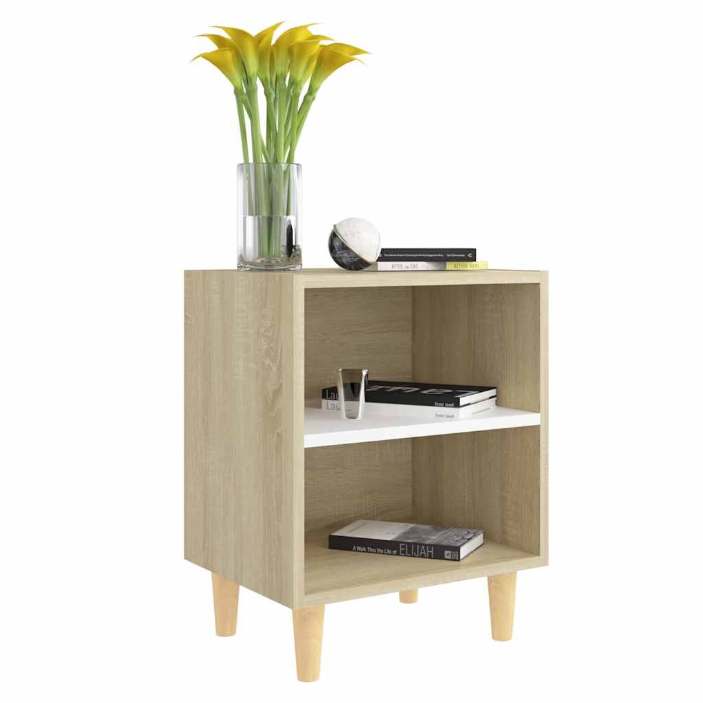 Bed Cabinet with Solid Wood Legs Sonoma Oak & White 40x30x50cm