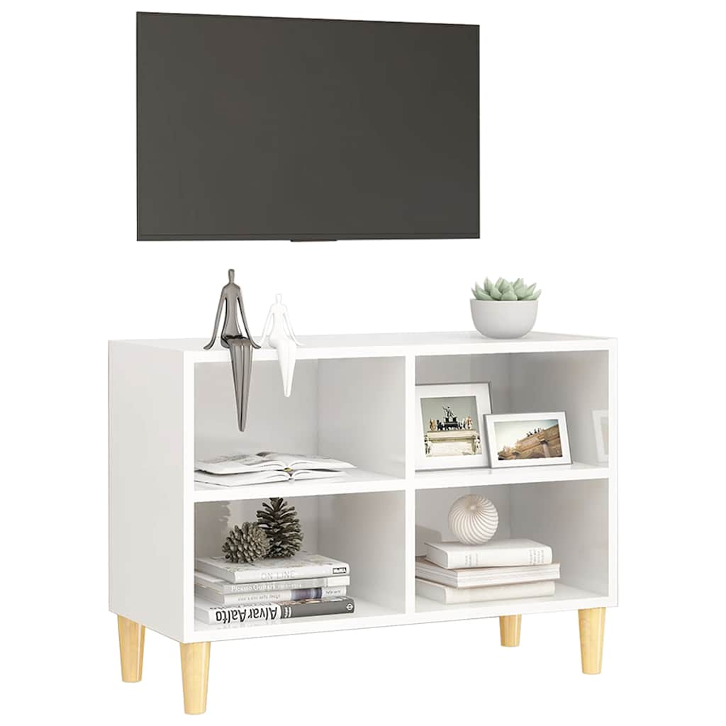 TV Cabinet with Solid Wood Legs High Gloss White 69.5x30x50 cm