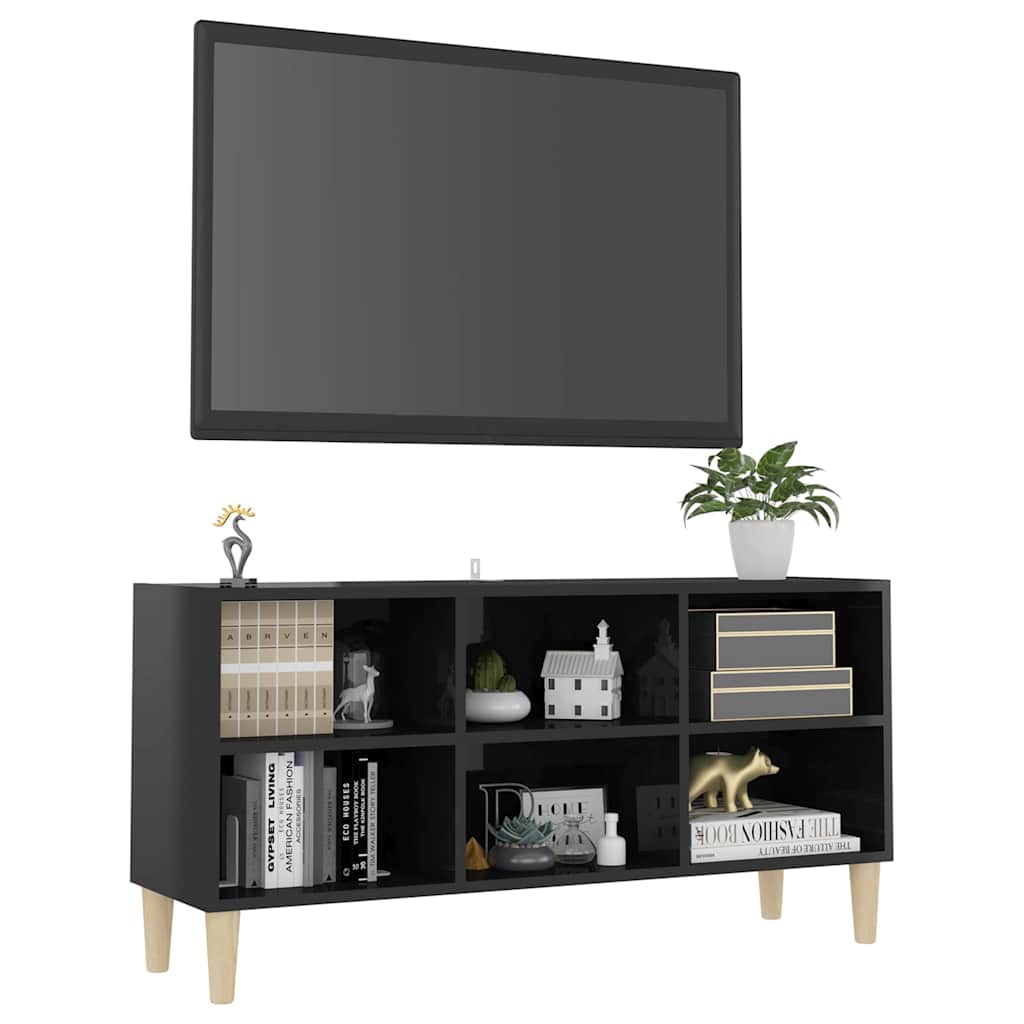 TV Cabinet with Solid Wood Legs High Gloss Black 103.5x30x50 cm