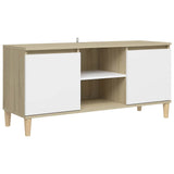 TV Cabinet & Solid Wood Legs White & Sonoma Oak 103.5x35x50 cm - Front View