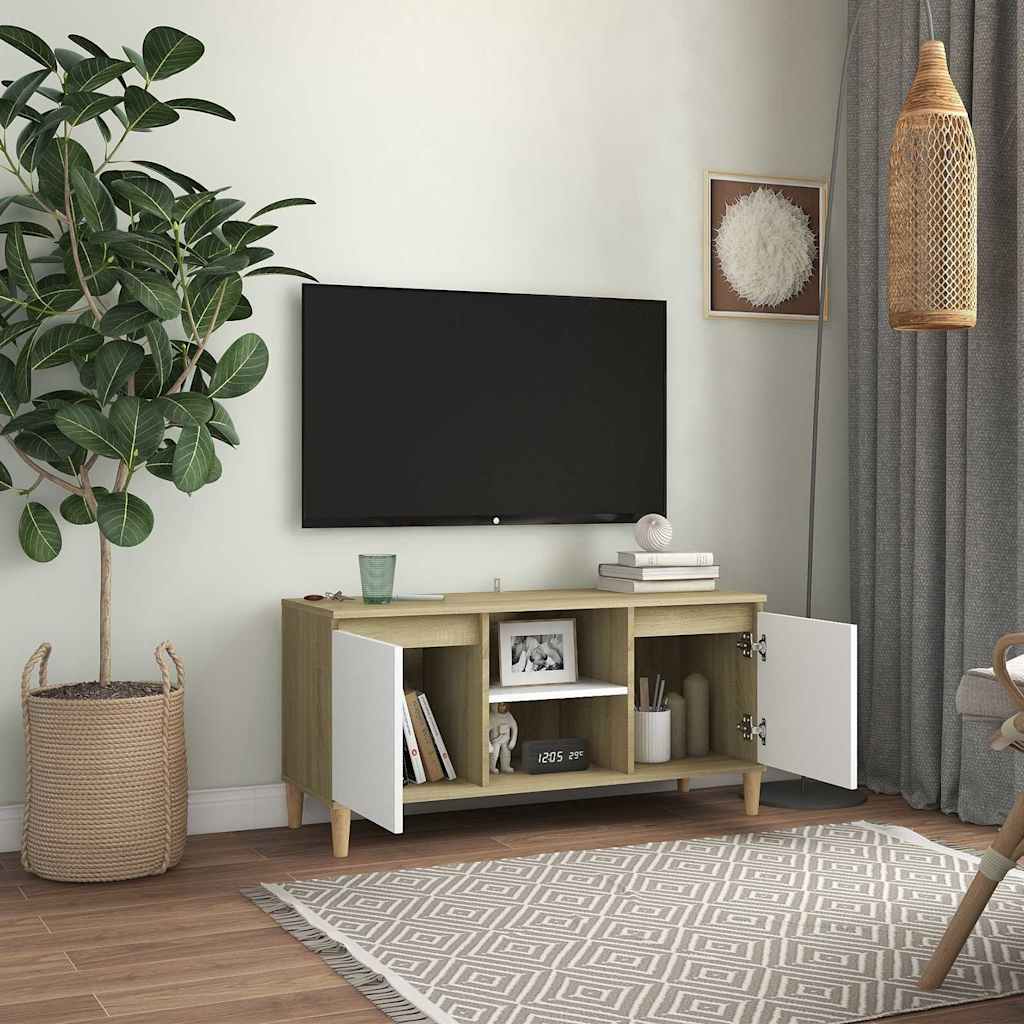 TV Cabinet & Solid Wood Legs White & Sonoma Oak 103.5x35x50 cm