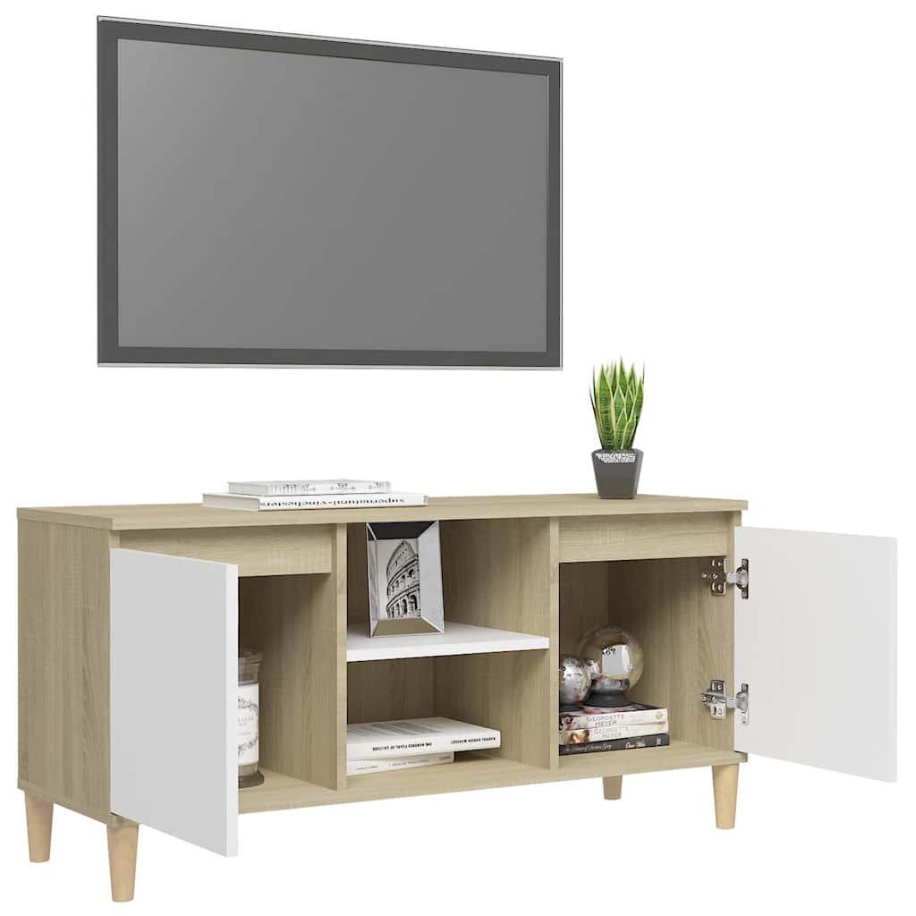TV Cabinet & Solid Wood Legs White & Sonoma Oak 103.5x35x50 cm