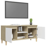 TV Cabinet & Solid Wood Legs White & Sonoma Oak 103.5x35x50 cm - Top-Down View