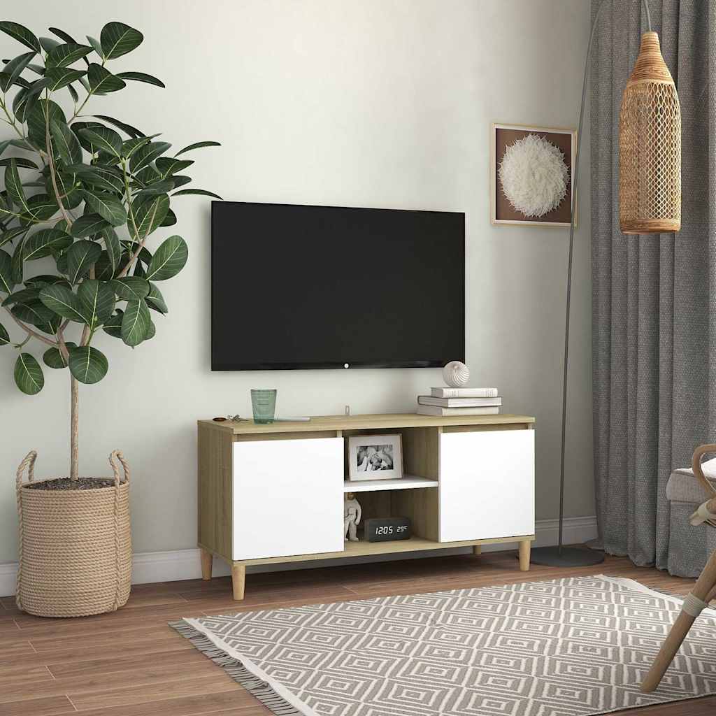 TV Cabinet & Solid Wood Legs White & Sonoma Oak 103.5x35x50 cm