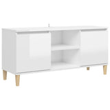 TV Cabinet & Solid Wood Legs High Gloss White 103.5x35x50 cm - Front View