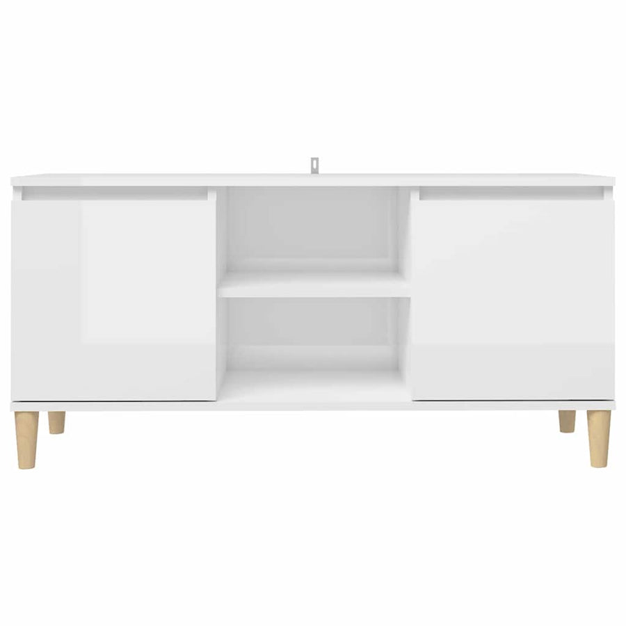 TV Cabinet & Solid Wood Legs High Gloss White 103.5x35x50 cm