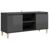 TV Cabinet & Solid Wood Legs High Gloss Grey 103.5x35x50 cm - Front View