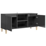 TV Cabinet & Solid Wood Legs High Gloss Grey 103.5x35x50 cm - Close-Up Angle