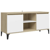 TV Cabinet with Metal Legs White and Sonoma Oak 103.5x35x50 cm - Front View