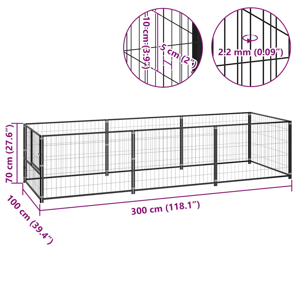 Dog Kennel Black 300x100x70 cm Steel
