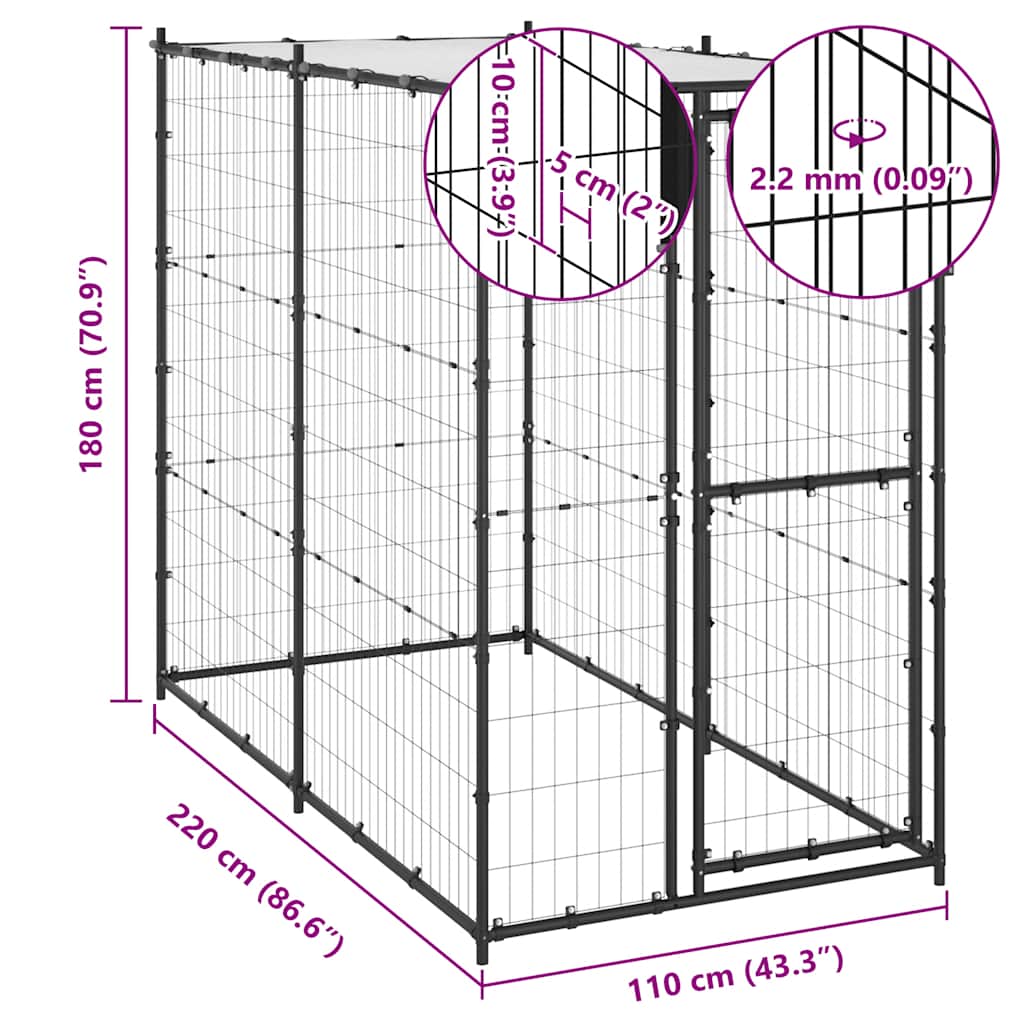 Outdoor Dog Kennel Steel with Roof 110x220x180 cm