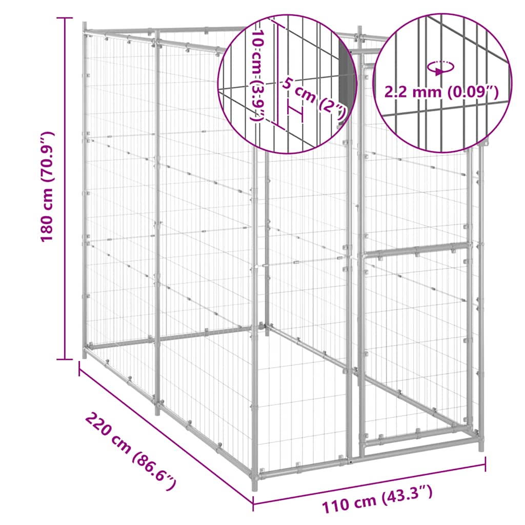 Outdoor Dog Kennel Galvanised Steel 110x220x180 cm