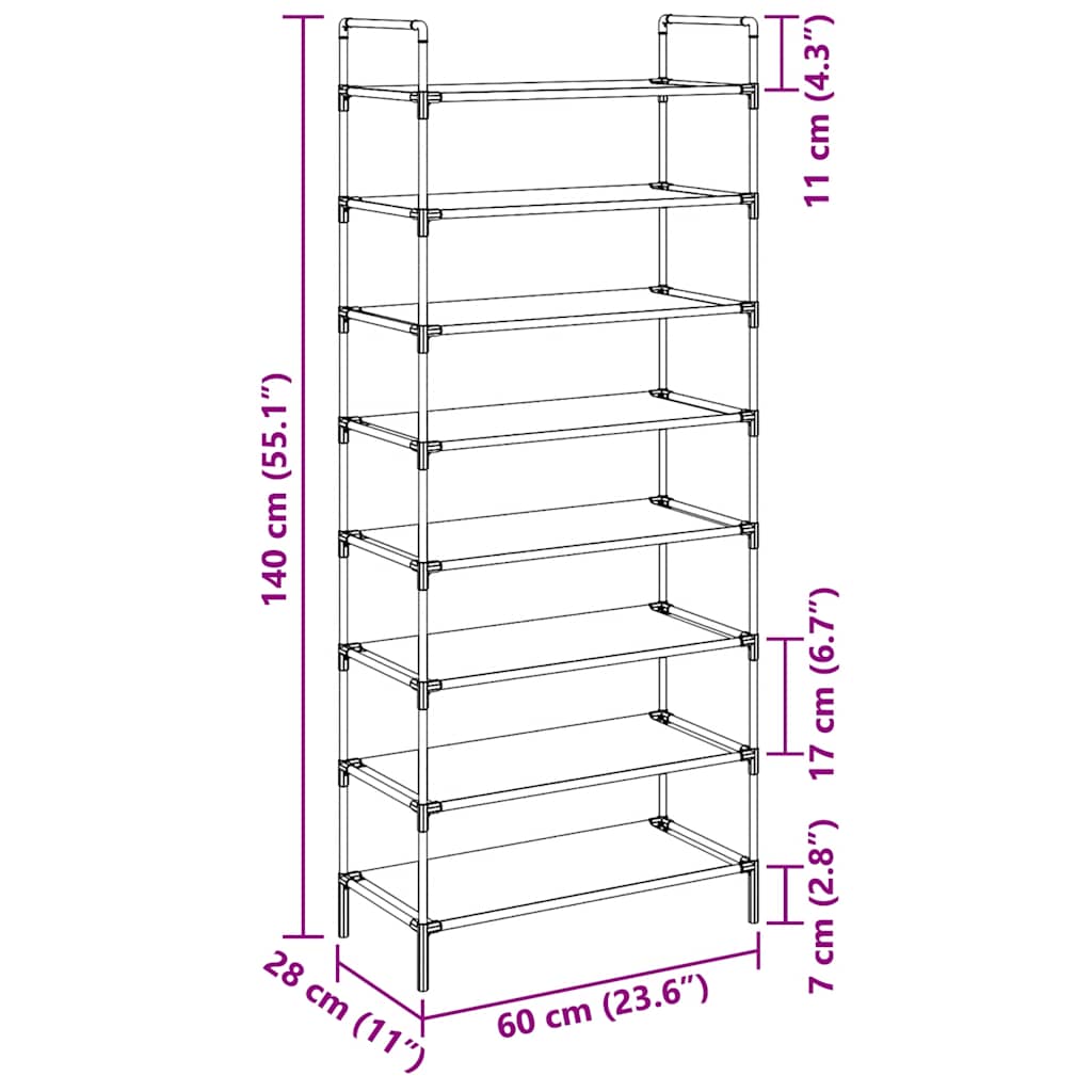 Shoe Rack with 8 Shelves Metal and Non-woven Fabric Silver