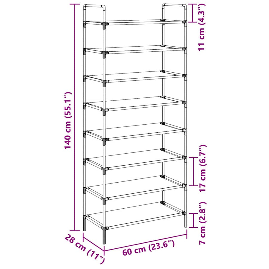 Shoe Rack with 8 Shelves Metal and Non-woven Fabric Silver