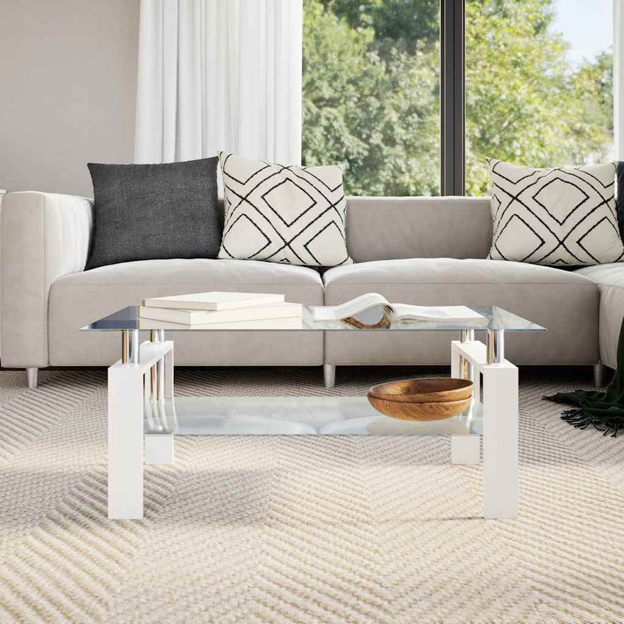 Coffee Table White and Transparent 95x55x40 cm Tempered Glass