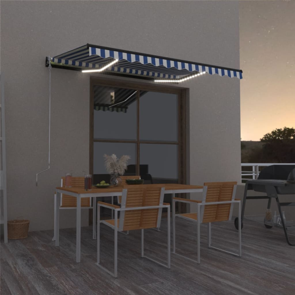 Manual Retractable Awning with LED 300x250 cm Blue and White
