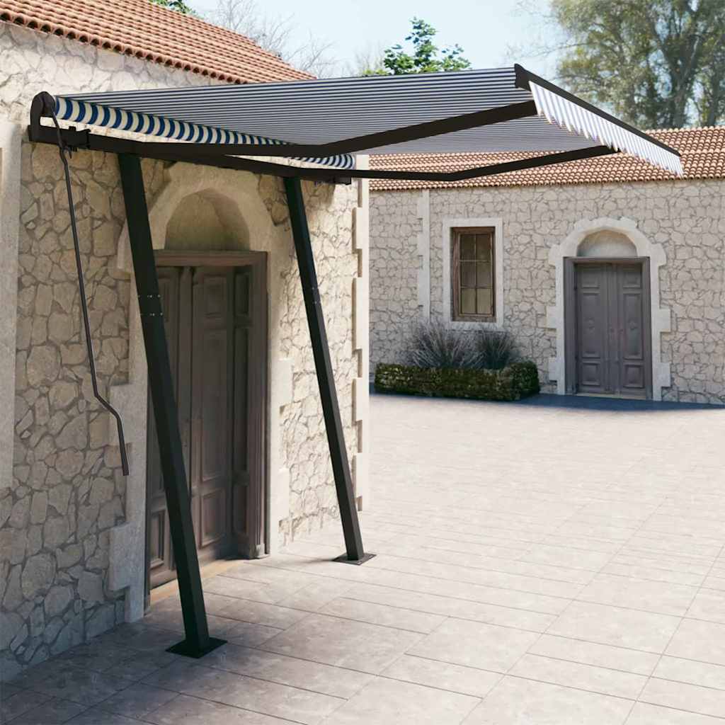 Manual Retractable Awning with Posts 3x2,5 m Blue and White