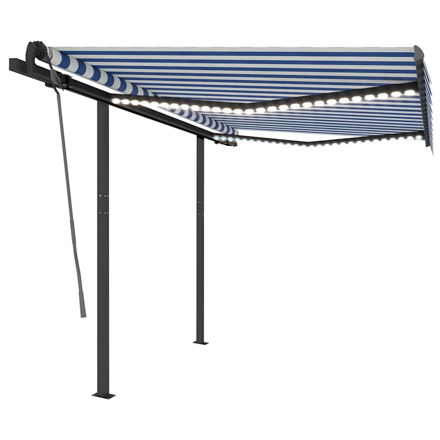 Manual Awning with Solar LED 3 x 2.5 m Blue and White Stripe