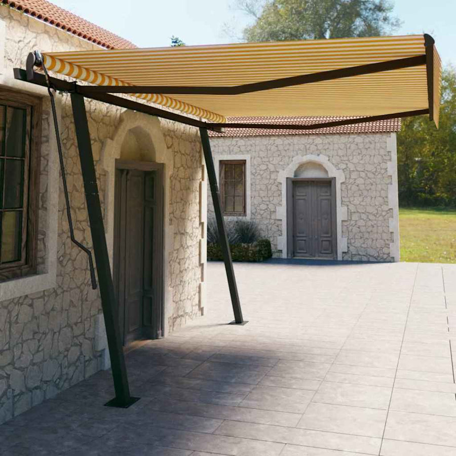 Manual Awning 4.5 x 3 m Yellow and White Stripe 100% Polyester