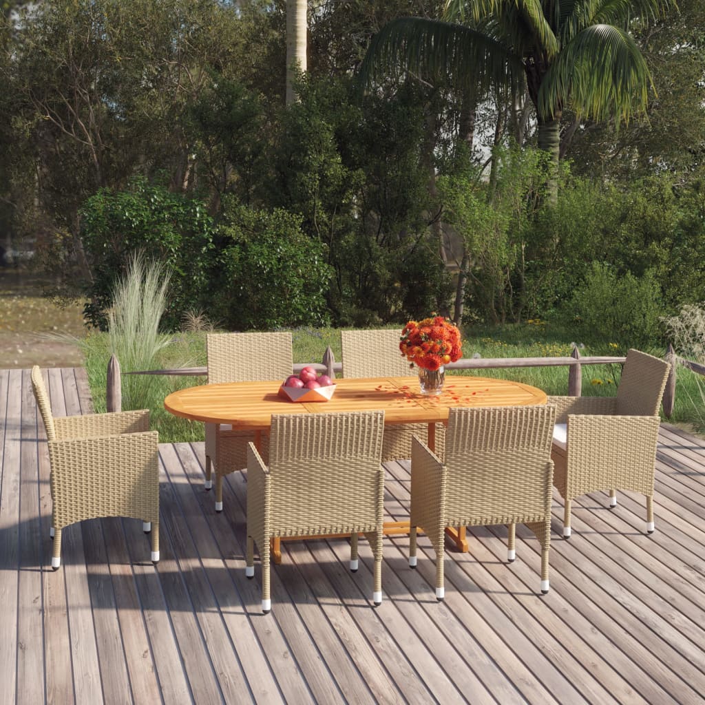 7 Piece Garden Dining Set Poly Rattan Beige