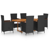 7 Piece Garden Dining Set Poly Rattan Black - Front View