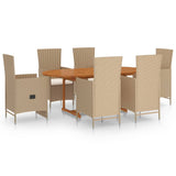 7 Piece Garden Dining Set Poly Rattan Beige - Front View