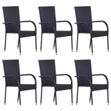 7 Piece Garden Dining Set Poly Rattan Black - Front View