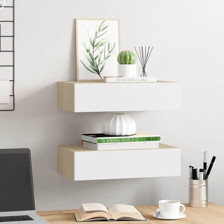 Wall Drawer Shelves 2 pcs Oak and White 40x23.5x10cm MDF