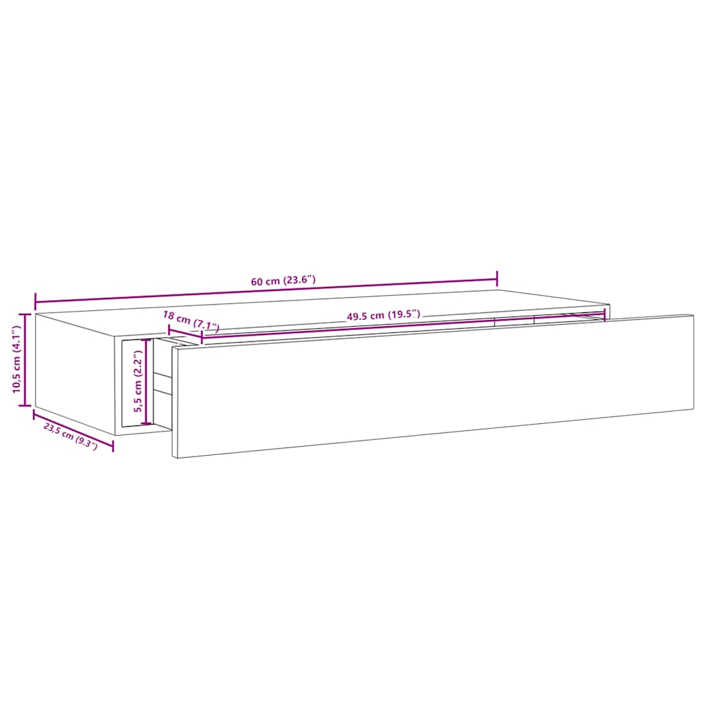 Wall-mounted Drawer Shelf White 60x23.5x10 cm MDF