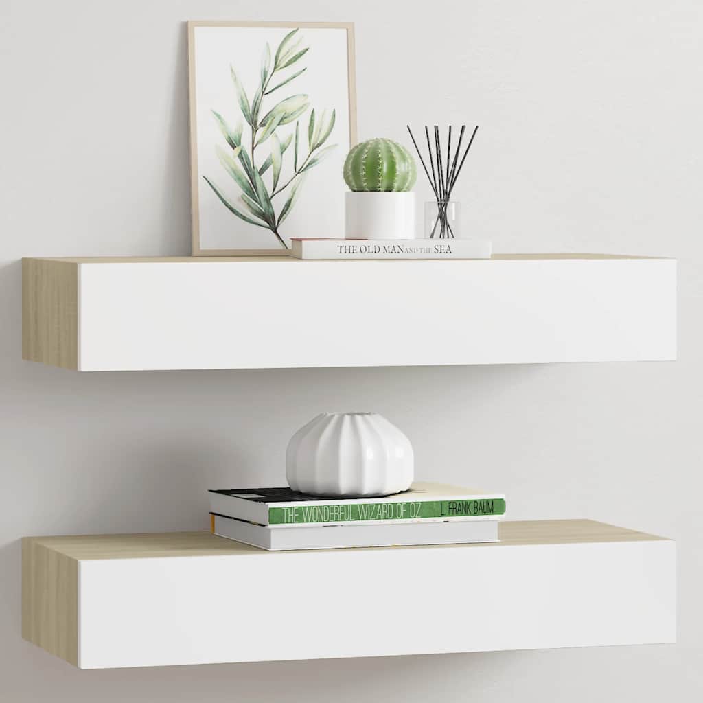 Wall Drawer Shelves 2 pcs Oak and White 60x23.5x10cm MDF