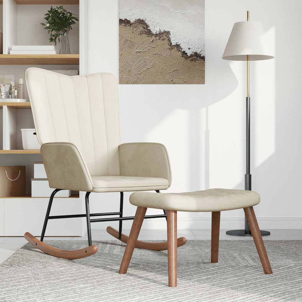 Rocking Chair with a Stool Cream White Velvet