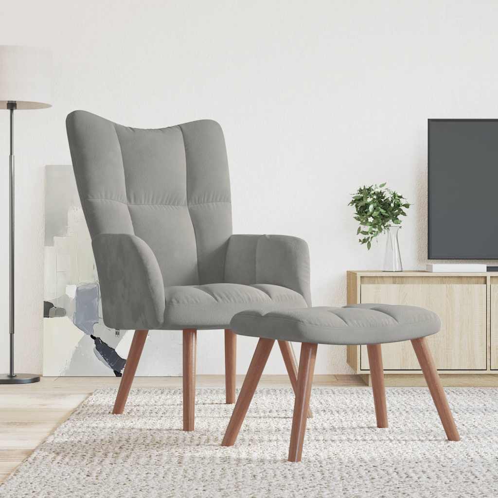 Relaxing Chair with a Stool Light Grey Velvet