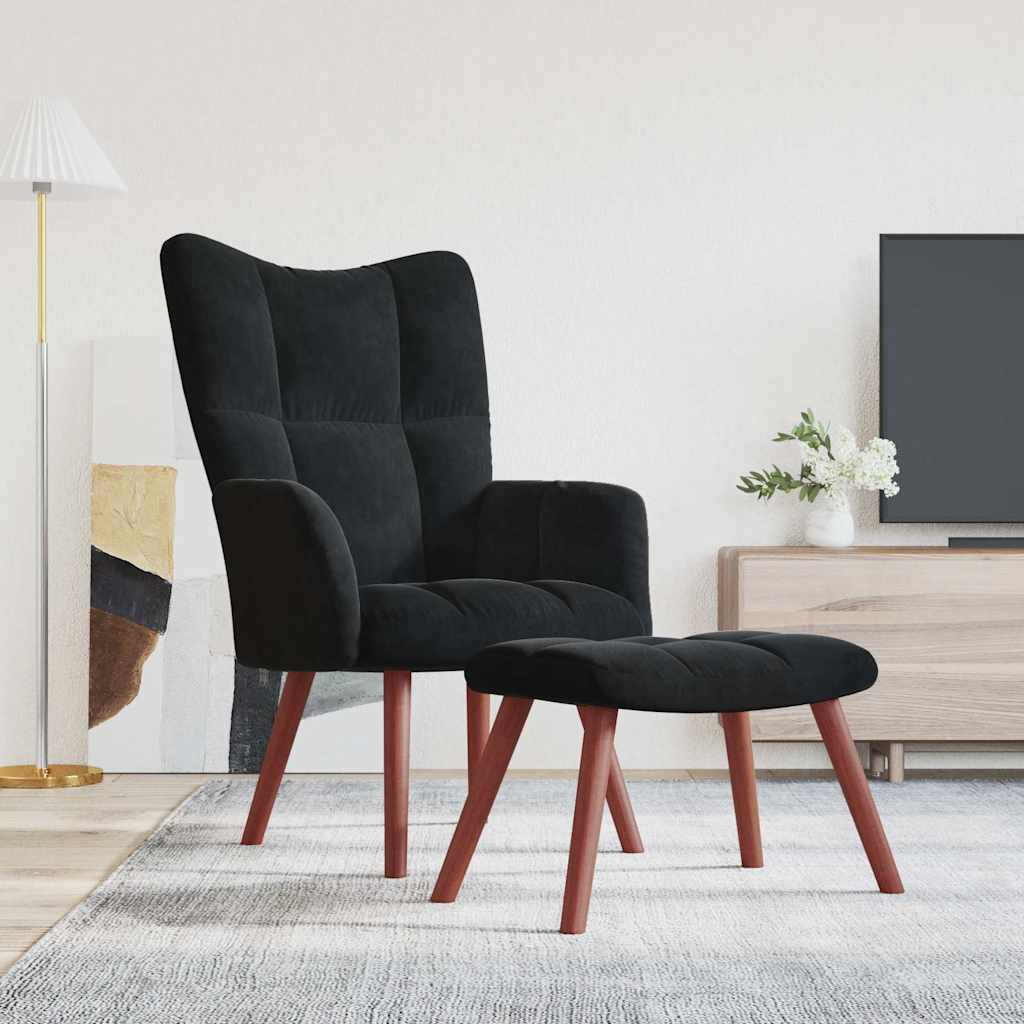 Relaxing Chair with a Stool Black Velvet