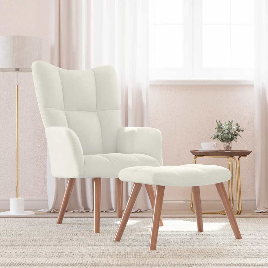 Relaxing Chair with a Stool Cream White Velvet
