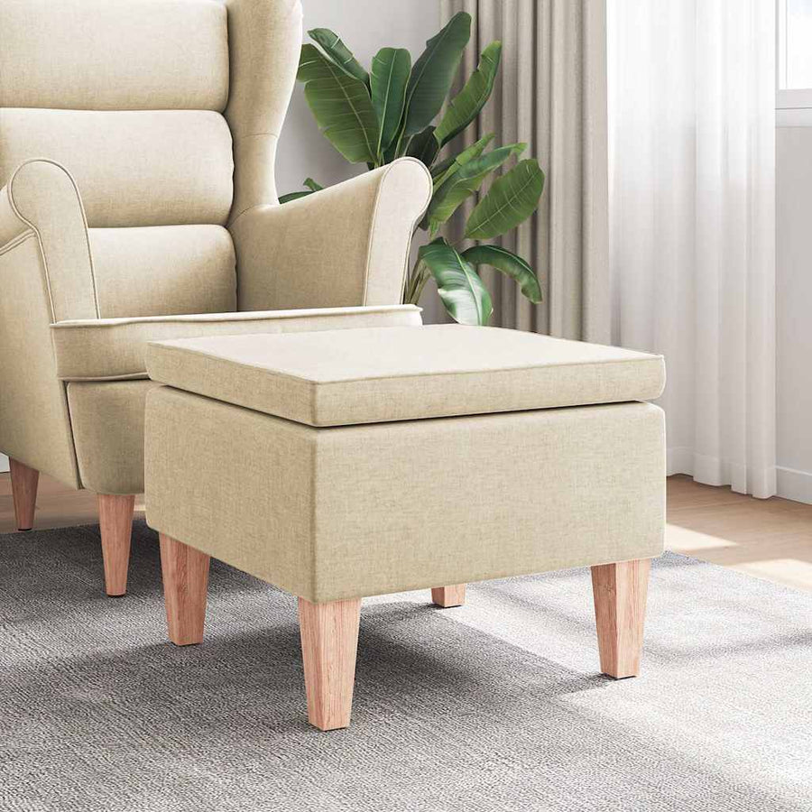 Stool with Wooden Legs Cream Fabric