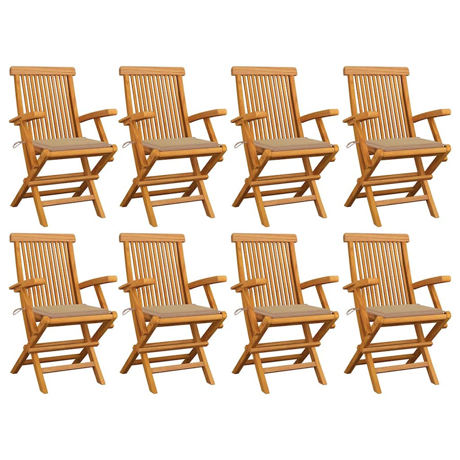Folding Chairs with Beige Cushions 8 pcs Solid Teak Wood
