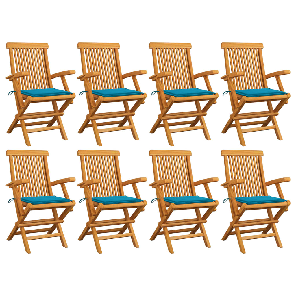 Folding Chairs with Blue Cushions 8 pcs Solid Teak Wood
